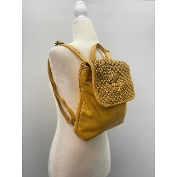 Frye & Co. Esme Leather Woven Flap Backpack in Mustard Yellow - Picture 4 of 9